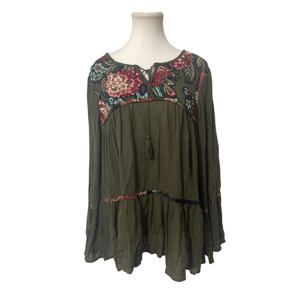 Life Style Olive Green Embroidered Tassel Tunic Top Blouse Women's‎ Medium